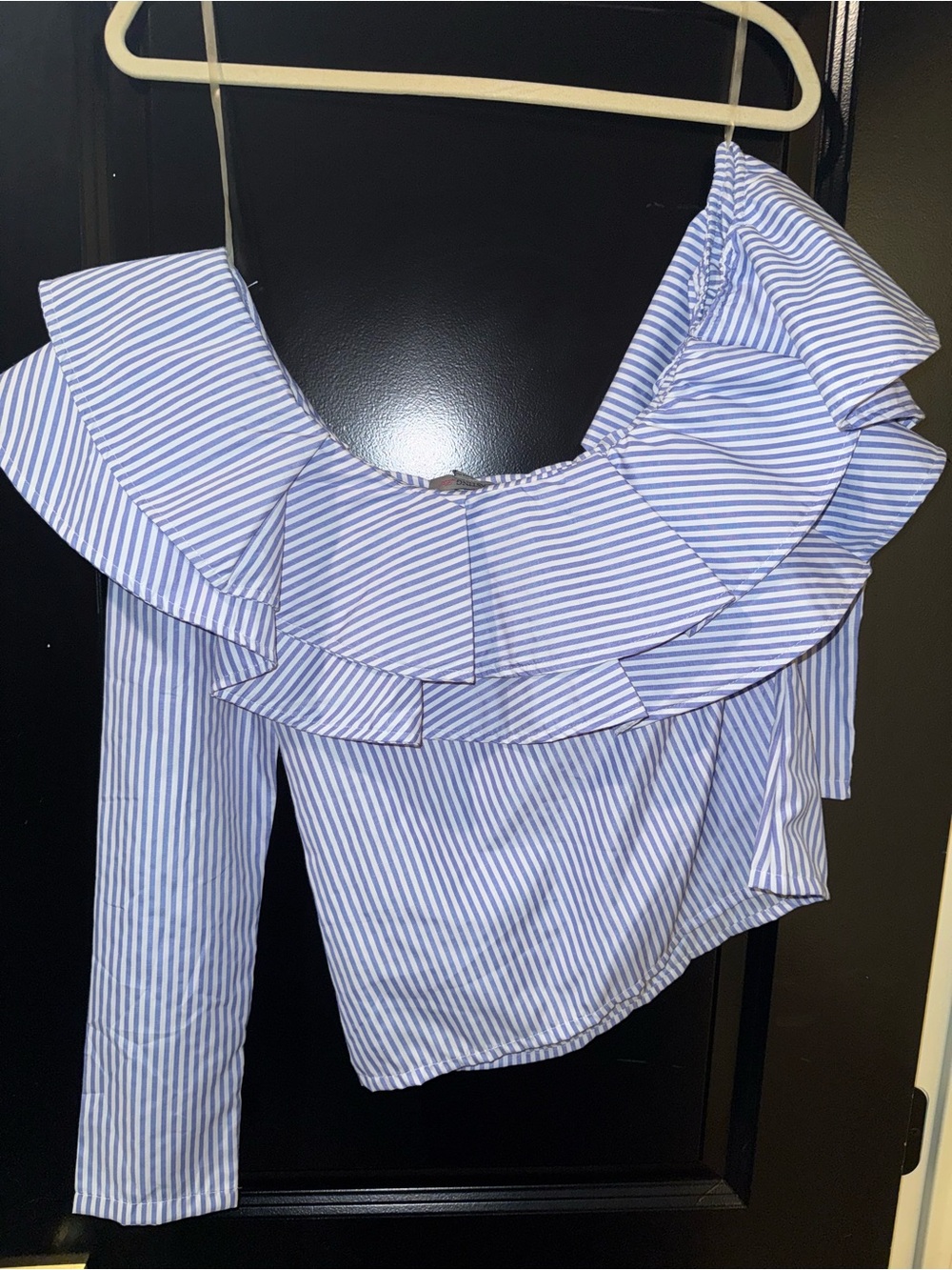 Striped Blue Off-the-Shoulder Ruffle Blouse - Picture 4 of 6